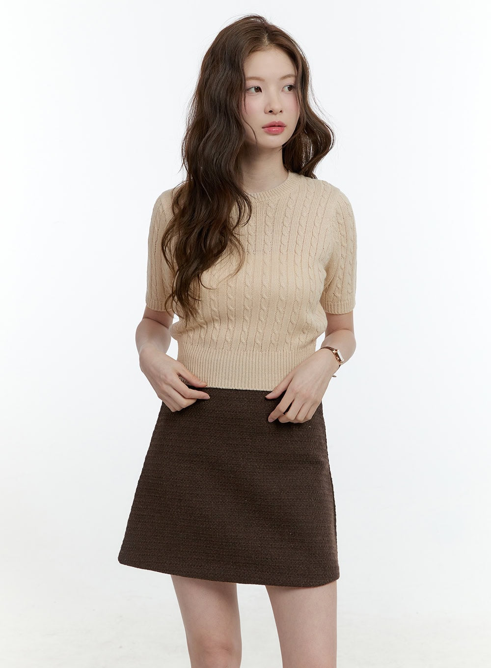 Cable-Knit Short-Sleeve Crop Sweater CF504