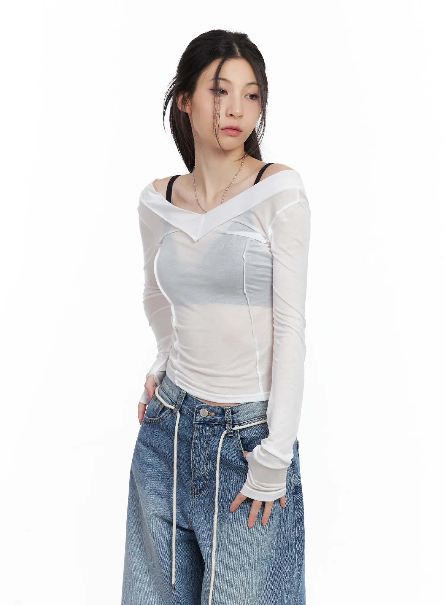 Sheer Back-Slit Long-Sleeve Tee CU530