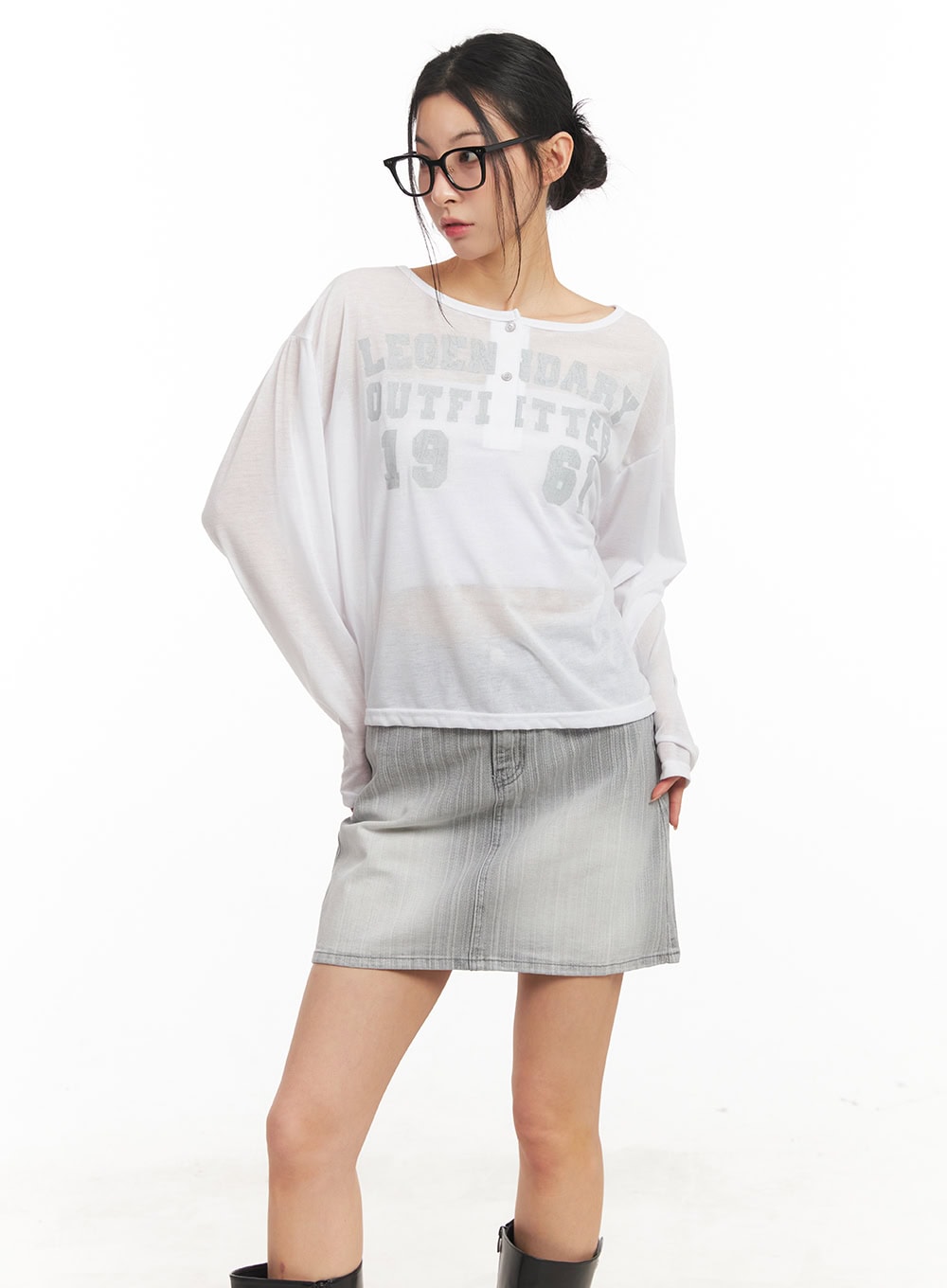 Sheer One-Shoulder Buttoned Tee CM503