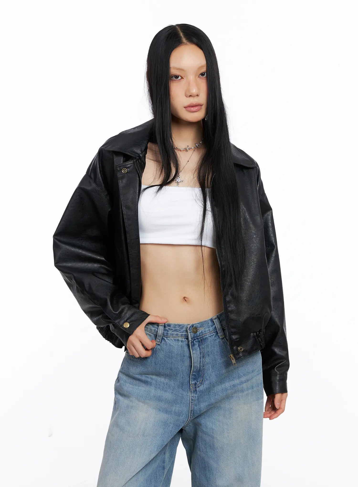 Relaxed Fit Faux Leather Bomber Jacket CS511