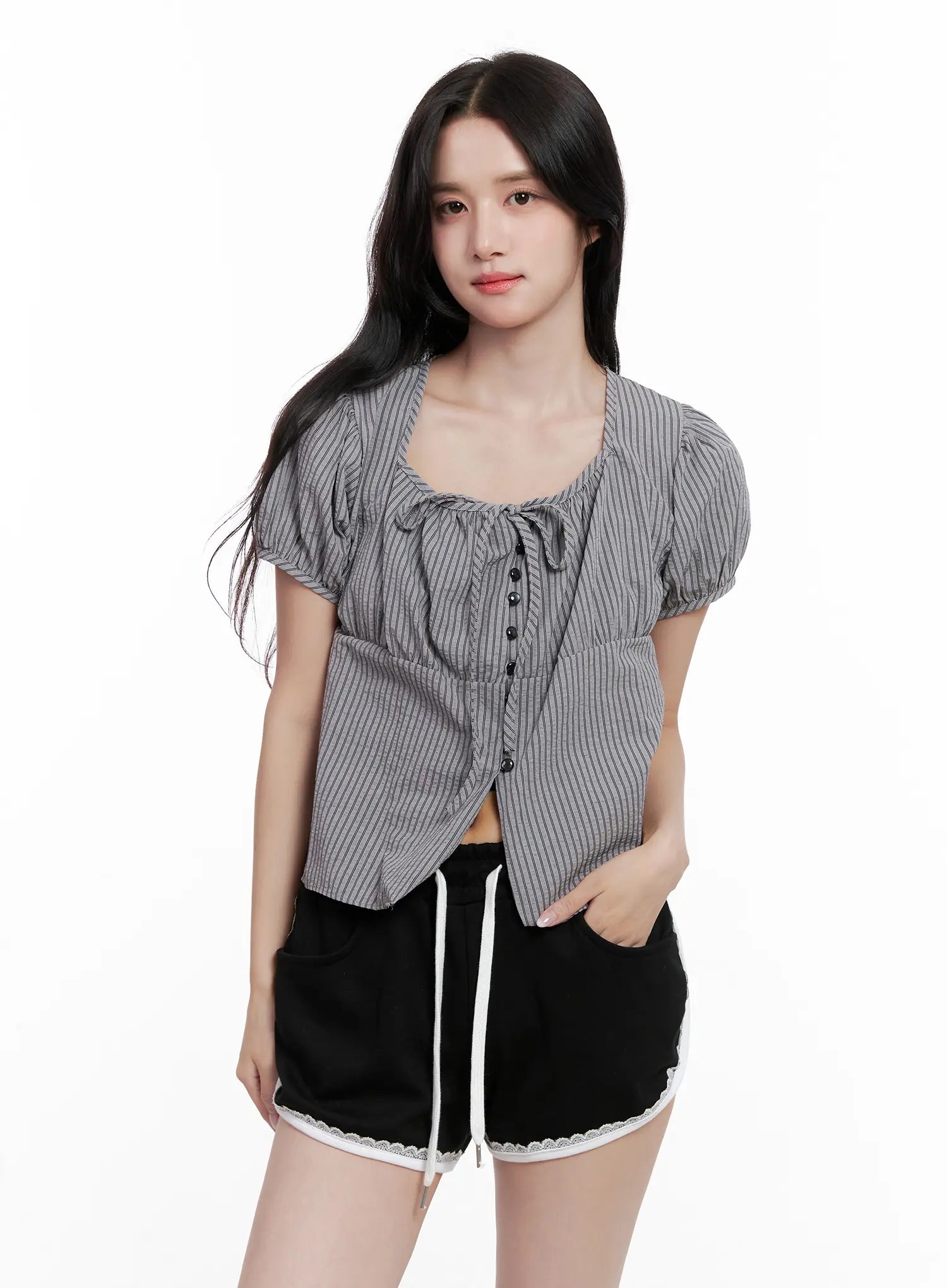 Striped Puff-Sleeve Ribbon Top CL516