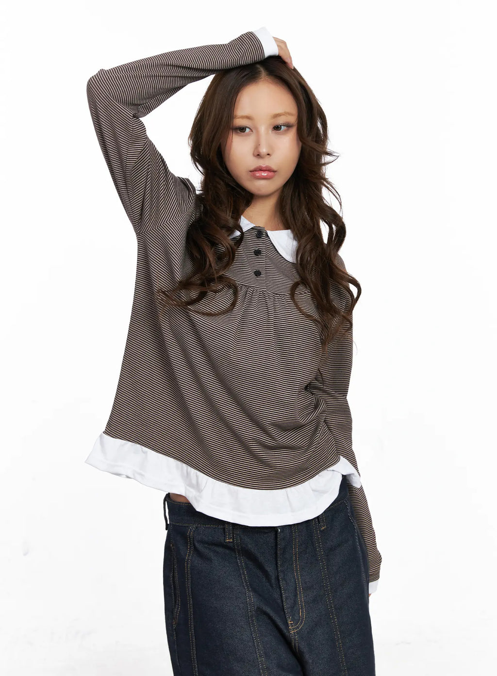 Striped Collared Button Long Sleeve Top CO510