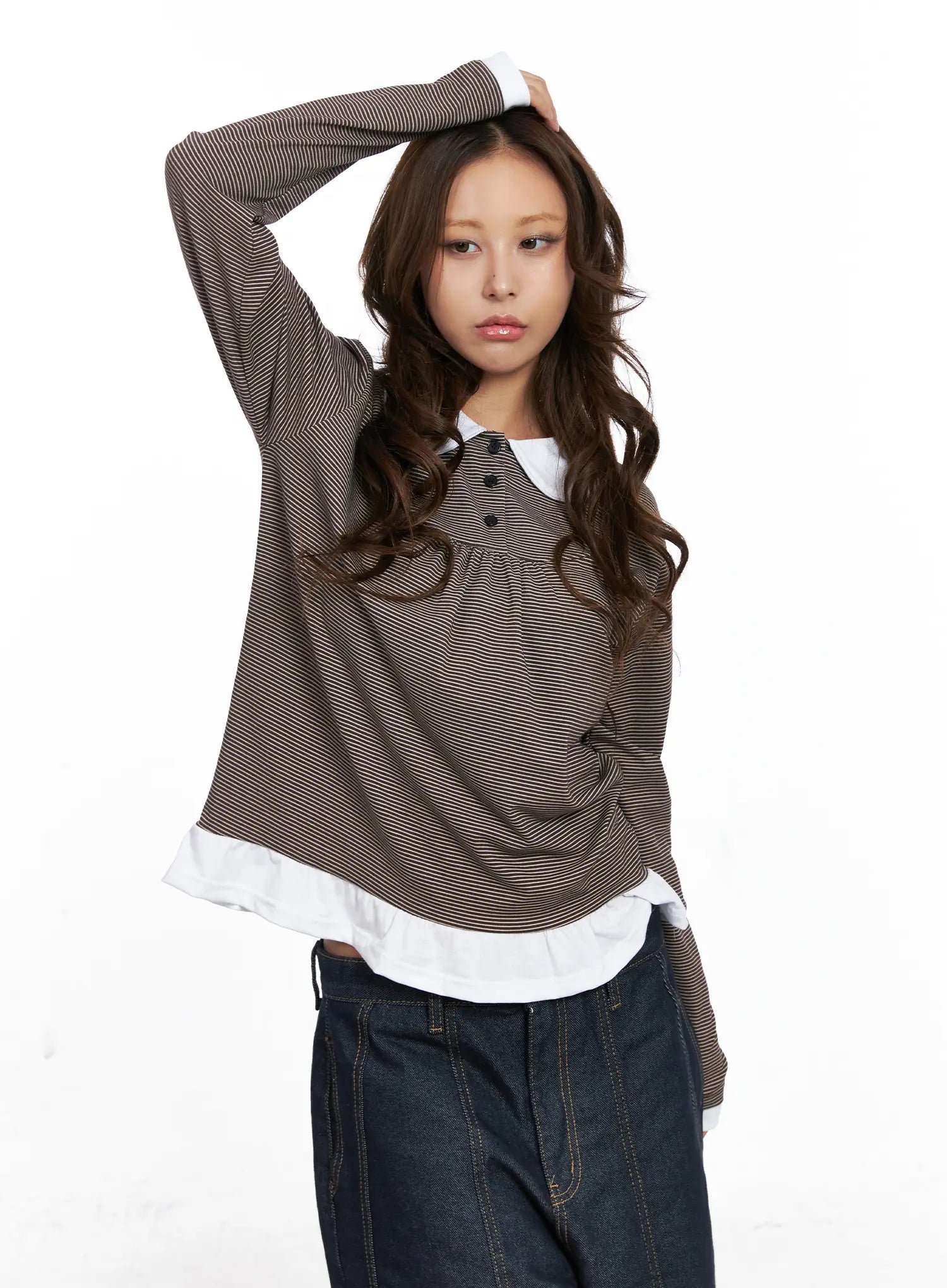 Striped Collared Button Long Sleeve Top CO510