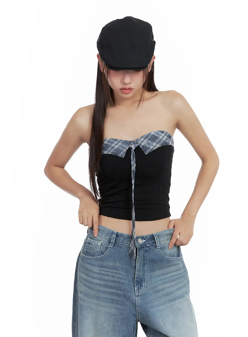 Contrast Plaid-Tie Tube Top CL508