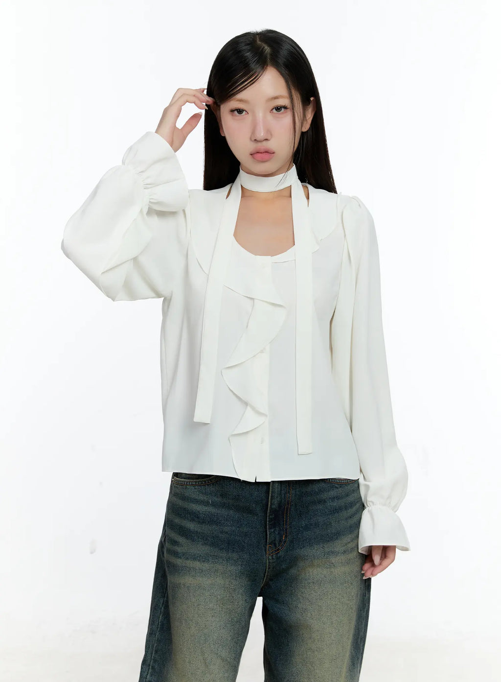 Ruffled Chiffon Blouse with Scarf Set CS518