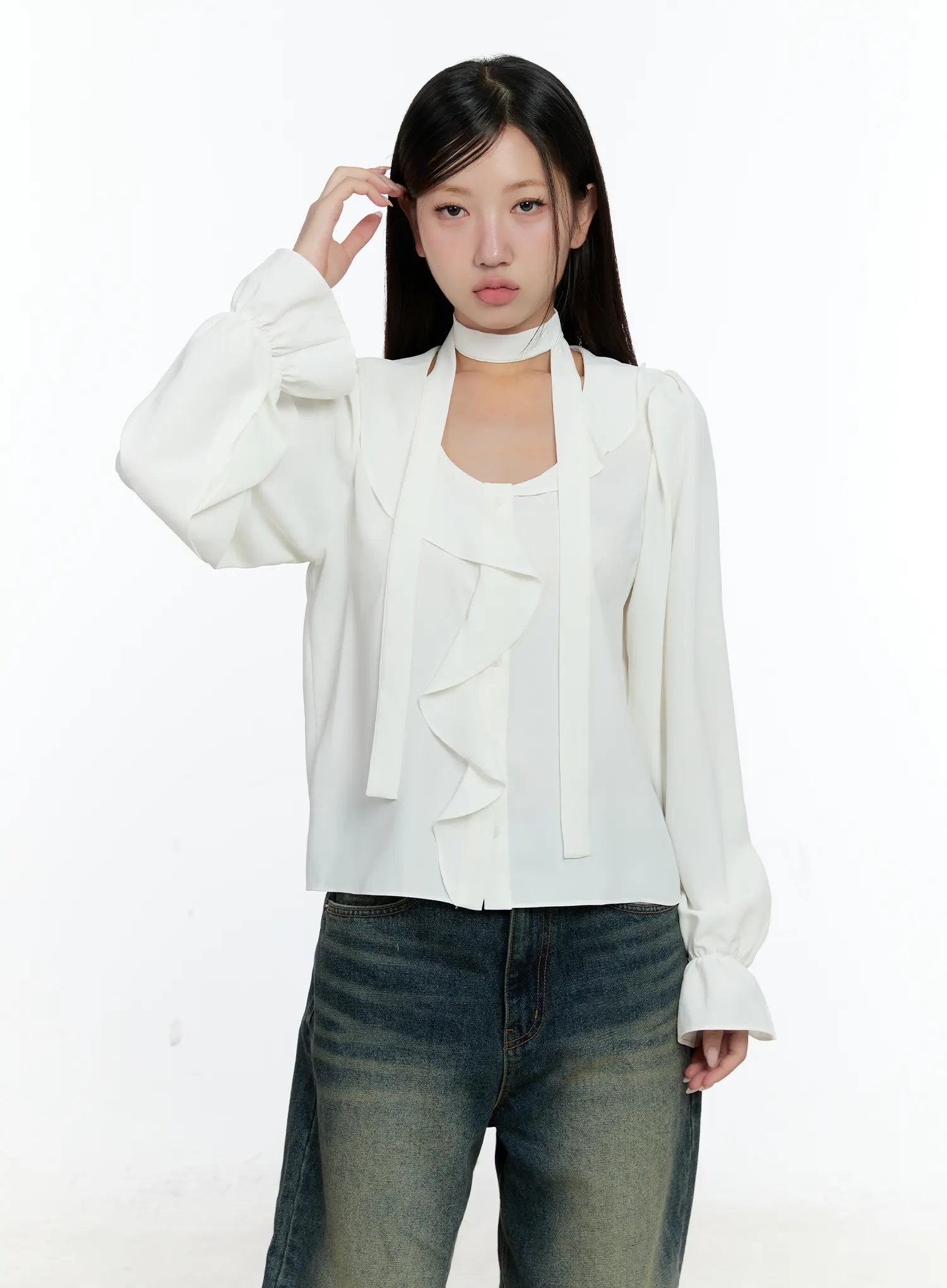 Ruffled Chiffon Blouse with Scarf Set CS518