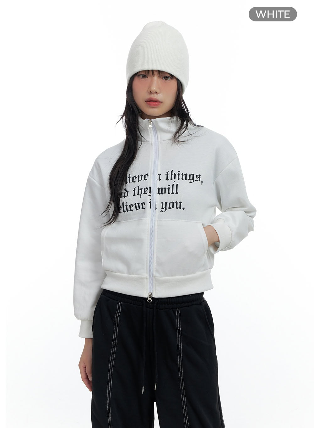 Zip-Up Cotton Lettered Sweatshirt CS420