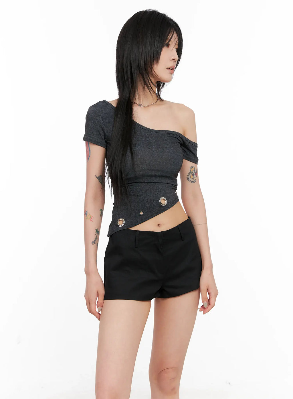 Asymmetric Eyelet Crop Top CL525