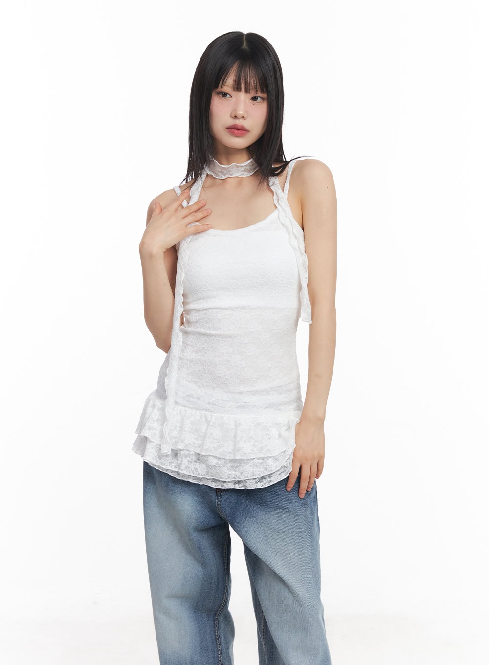 Frilly Lace Mini Dress with Scarf Set CY512