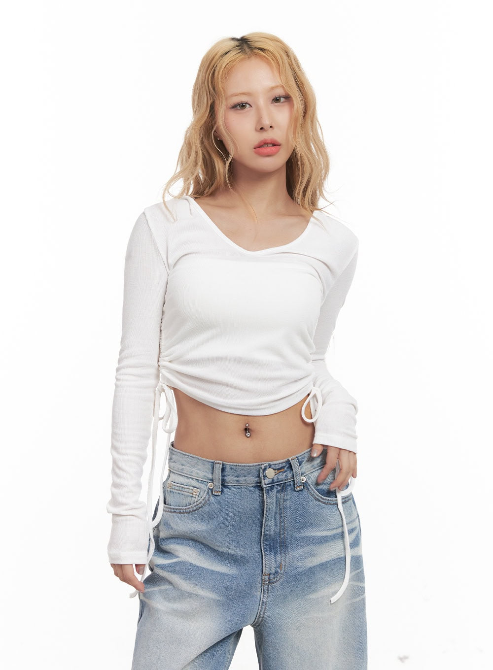 Shirred Ribbon Long-Sleeve Hooded Crop Top CM505