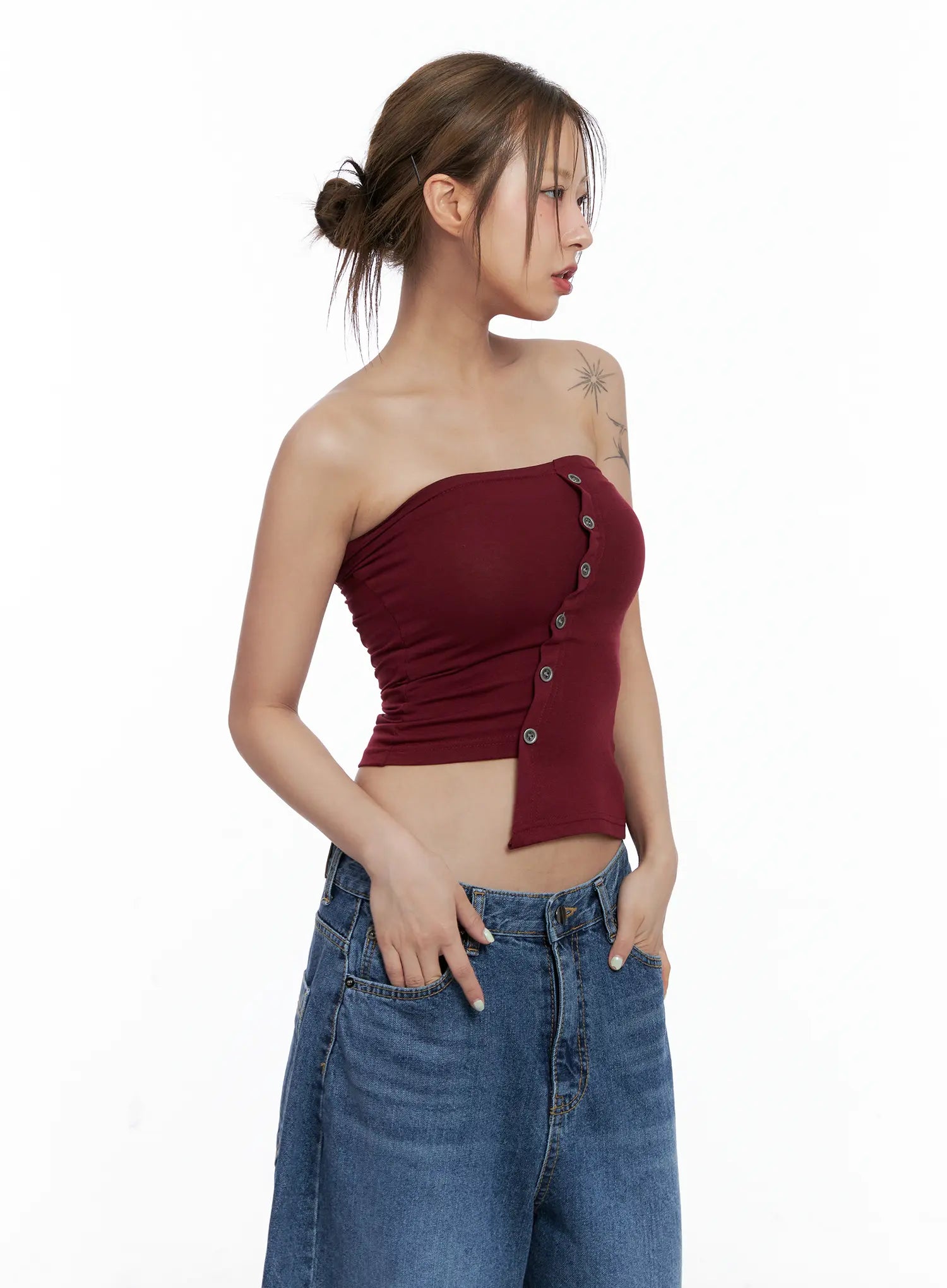 Asymmetric Button Tube Top CL510