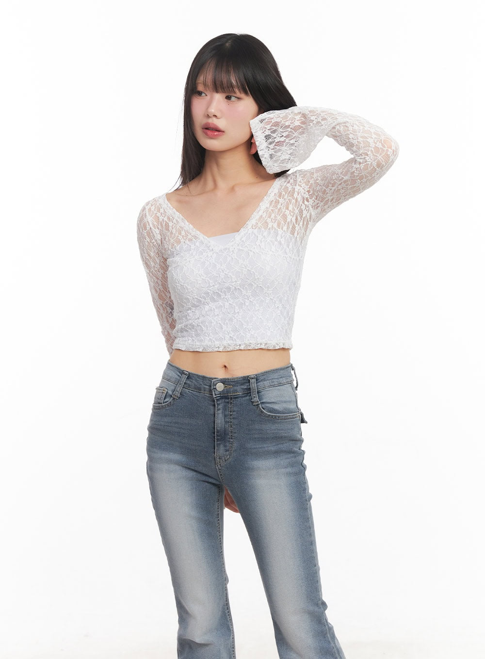 Sheer Lace Long-Sleeve Crop Top CA522