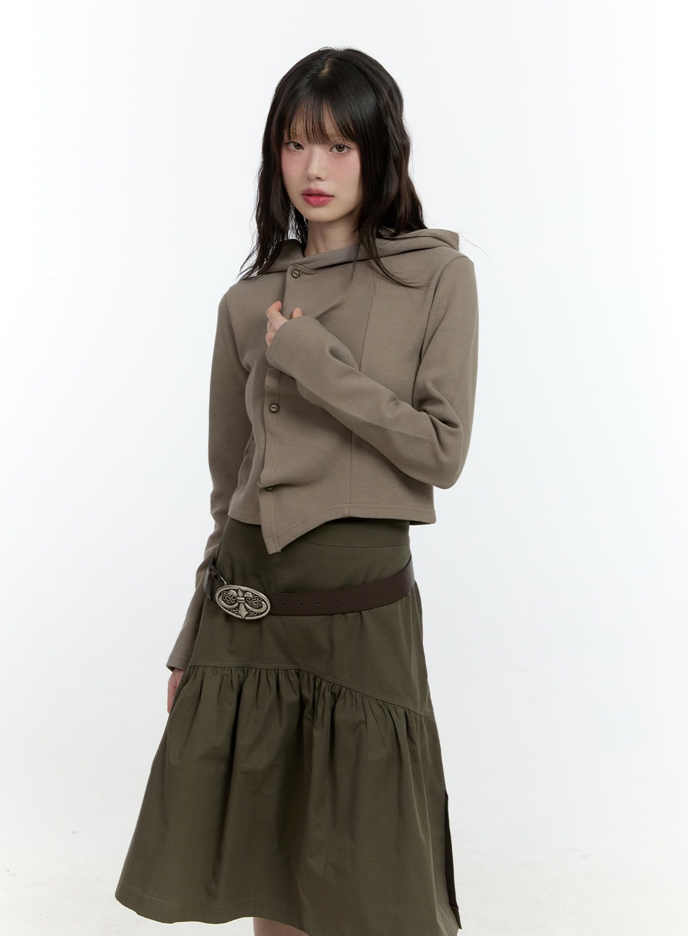 Shirring Buttoned Hooded Cardigan CF506