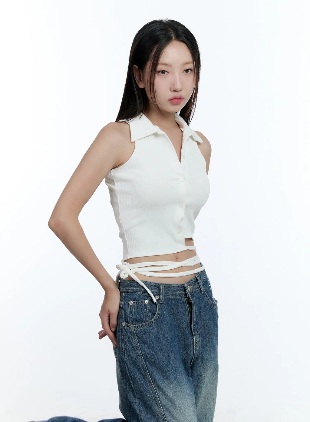 Asymmetric Buttoned Collared Tank Top CU527