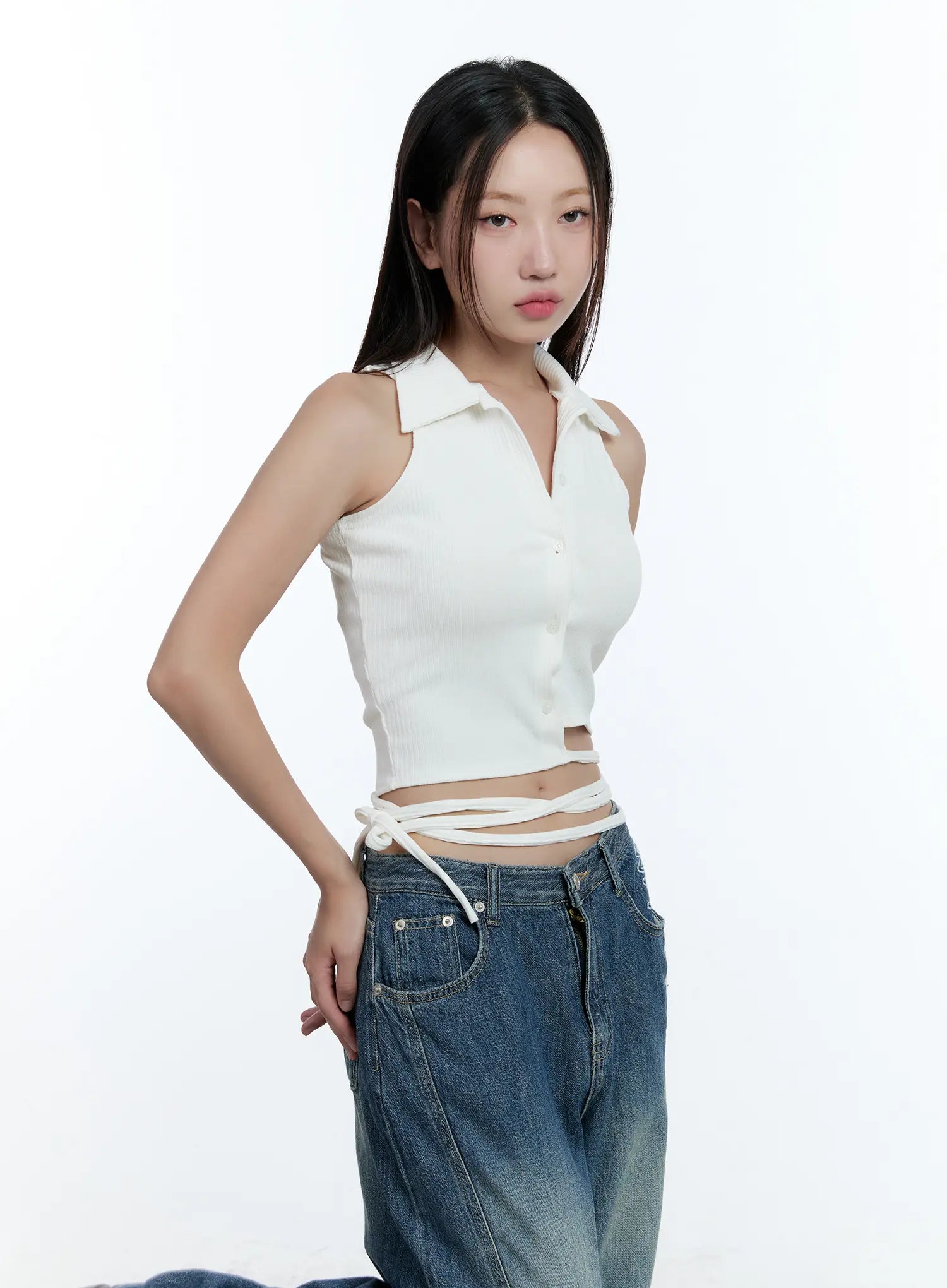 Asymmetric Buttoned Collared Tank Top CU527