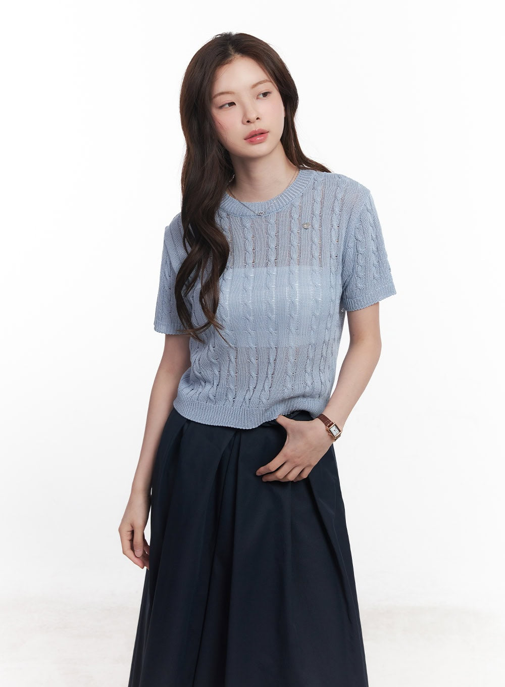 Cable-Knit Short-Sleeve Sweater CY515