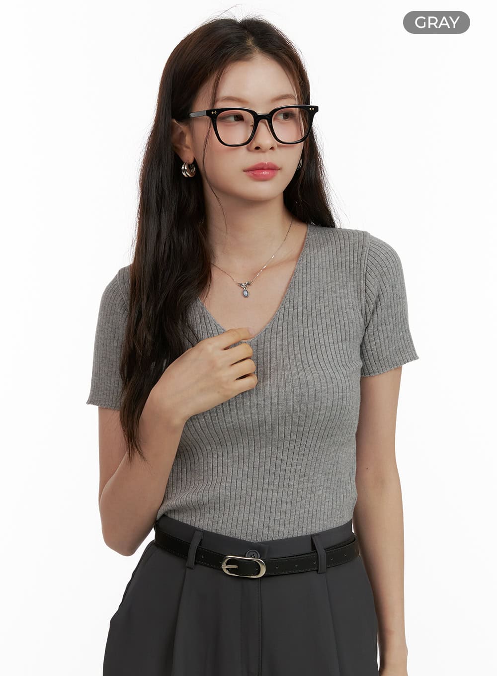 Summer V-Neck Ribbed Knit Top OU411