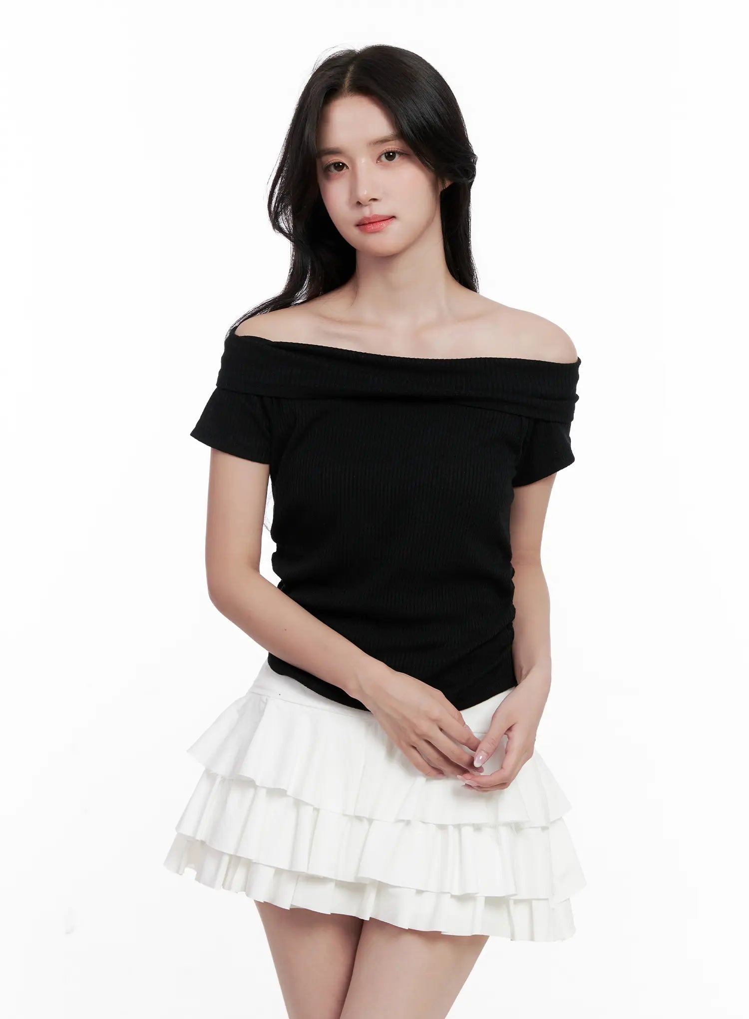Off-Shoulder Ribbed Tee CL515