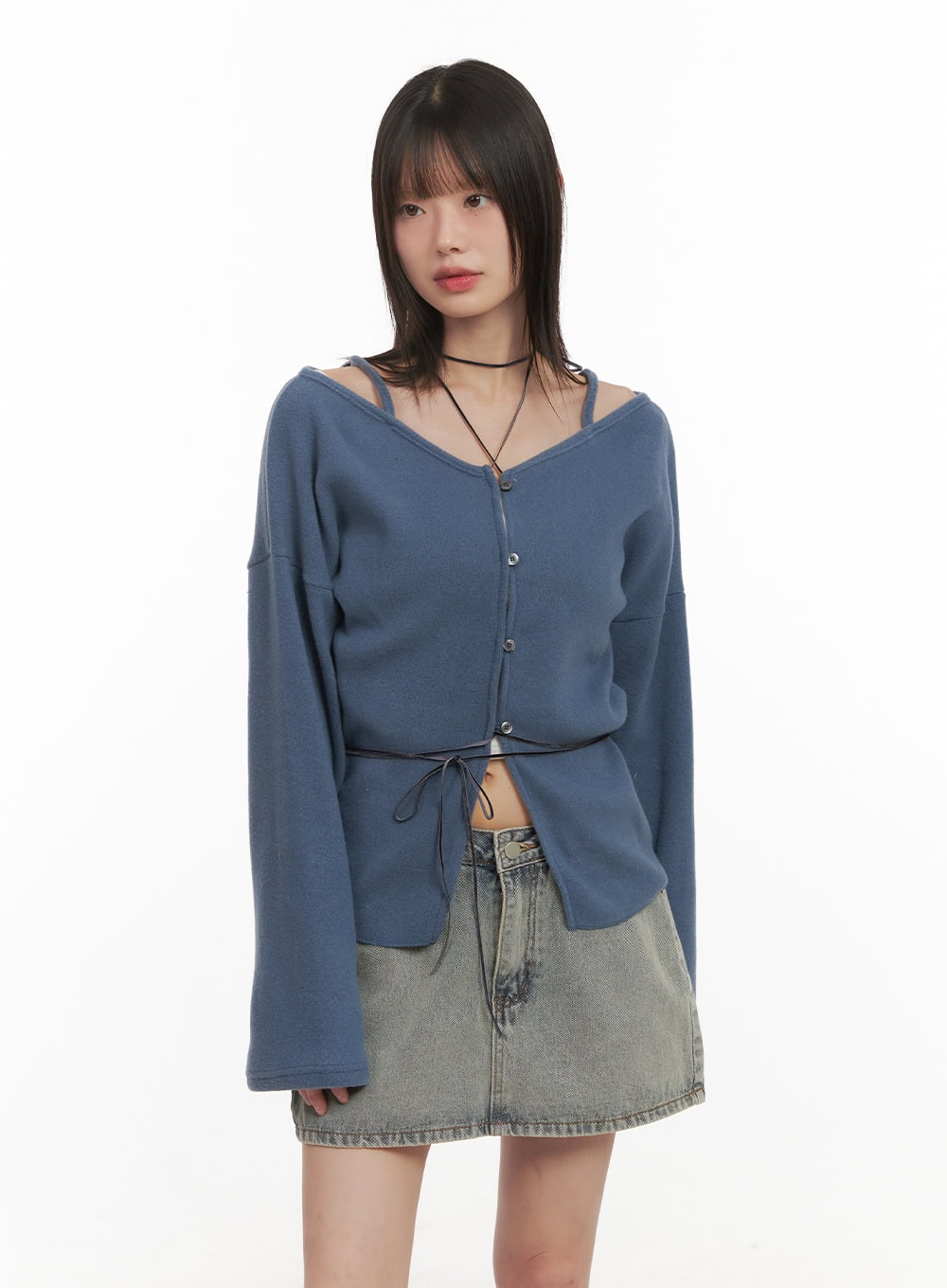 Off-Shoulder Loose-Fit Buttoned Cardigan CD426