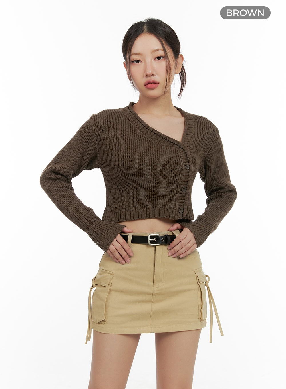 Asymmetrical Knit V-Neck Buttoned Crop Cardigan CG422