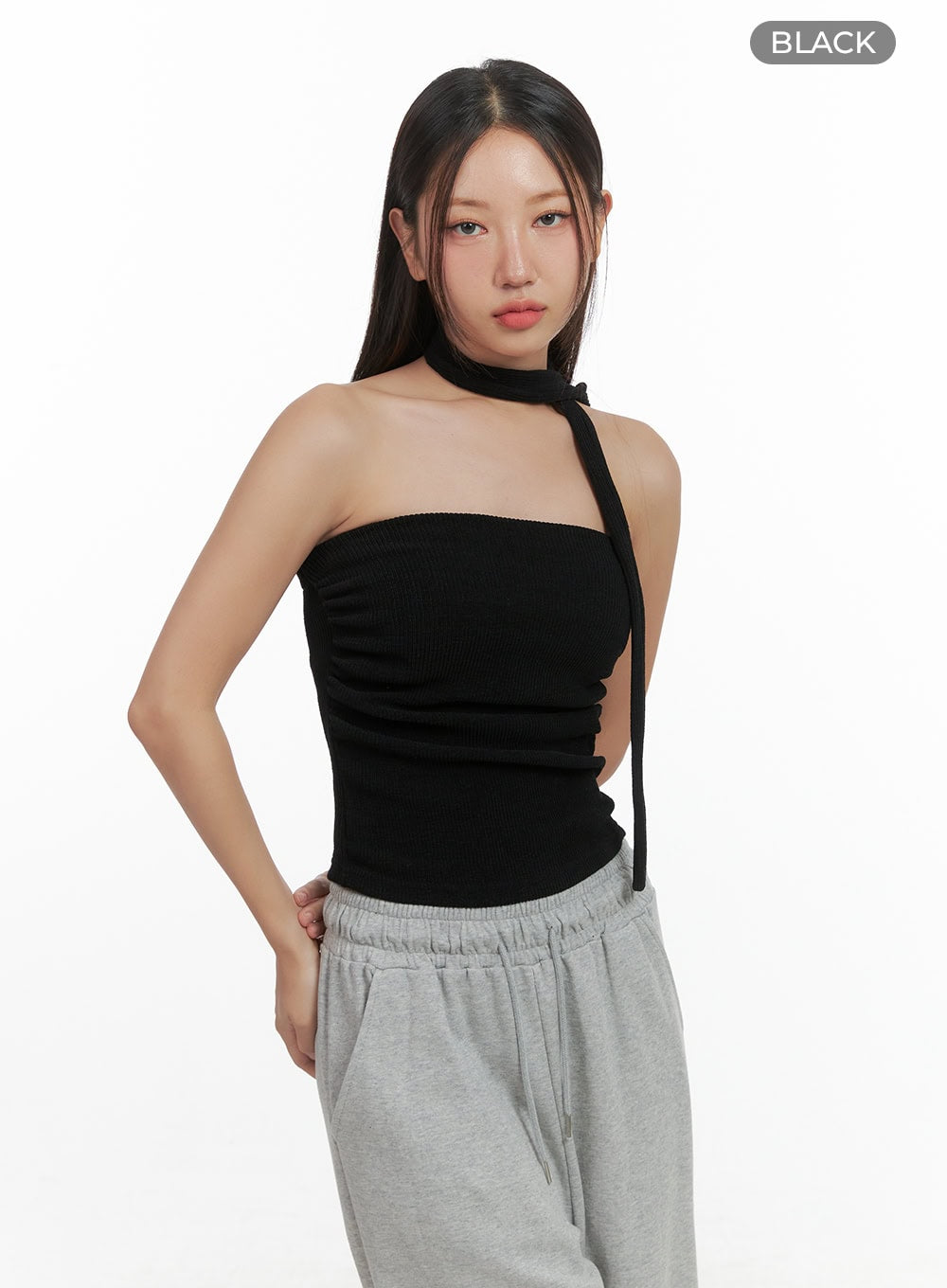 Shirred Solid Tube Crop Top and Scarf Set CO404
