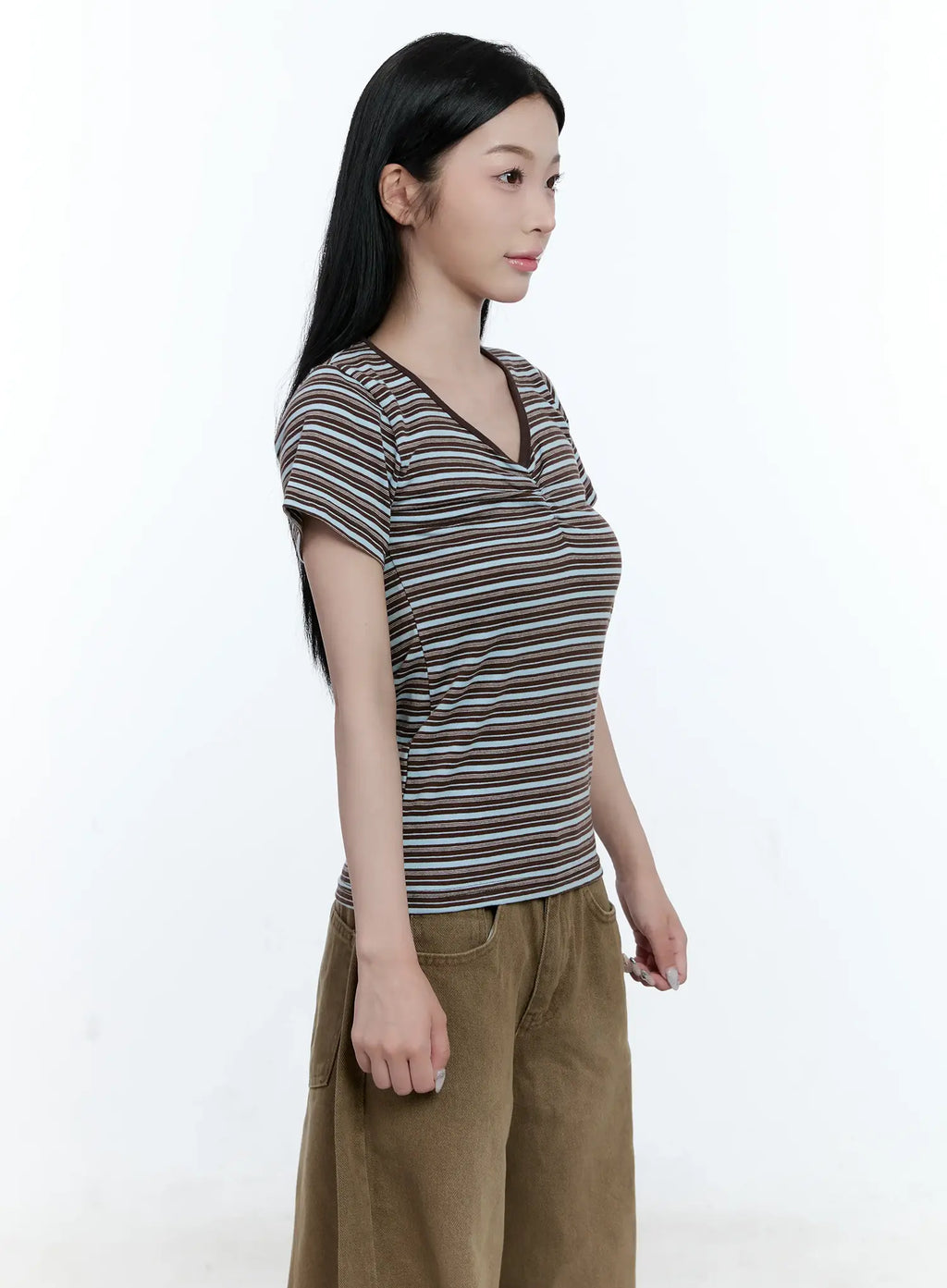 Striped V-Neck Shirred Tee CG501
