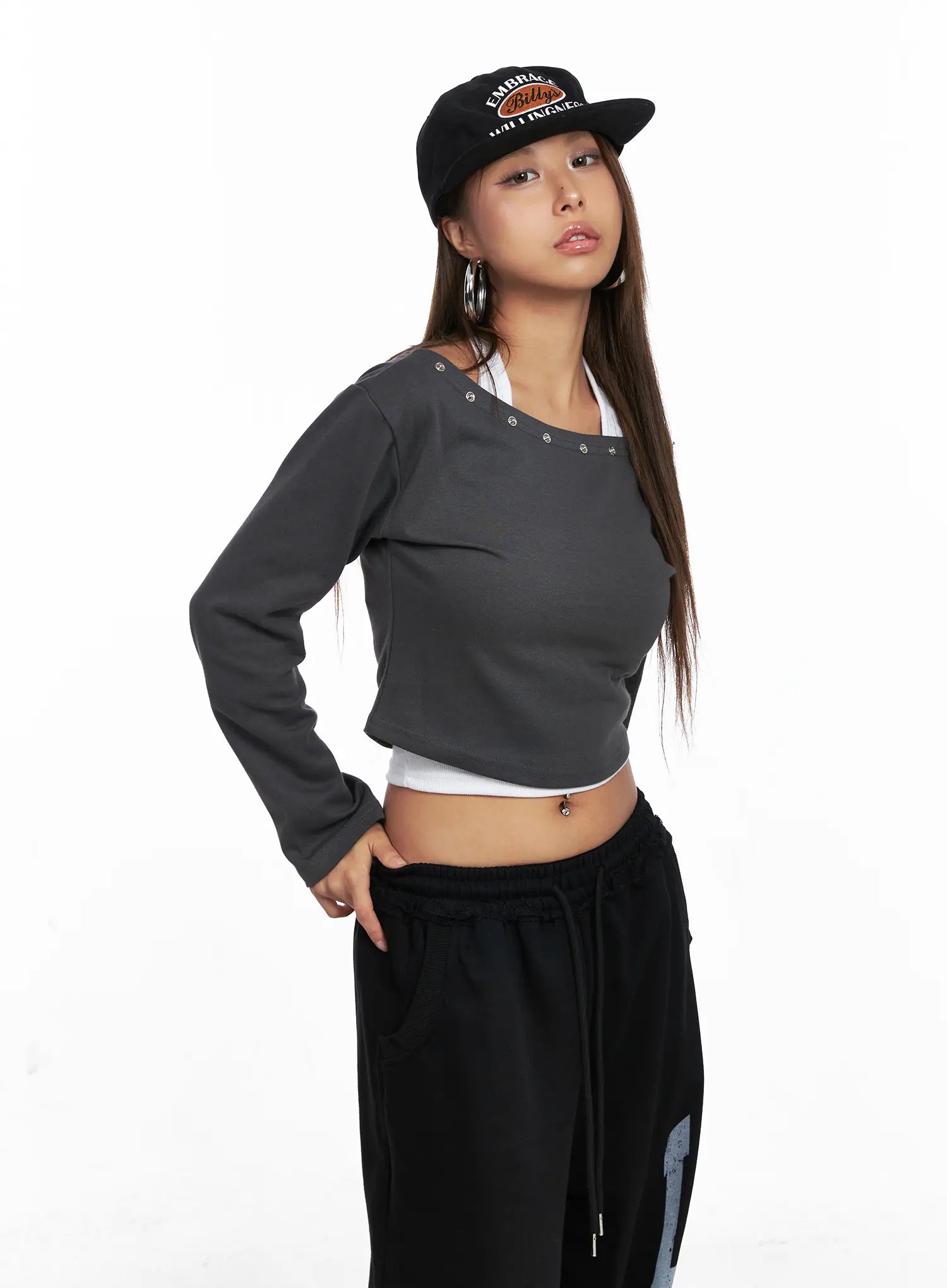 Eyelet Off-Shoulder Long Sleeve Crop Top CO510