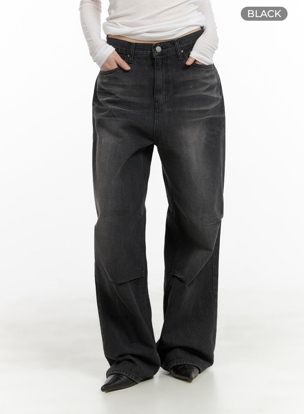 Pintuck Washed Denim Wide Leg Jeans CA419