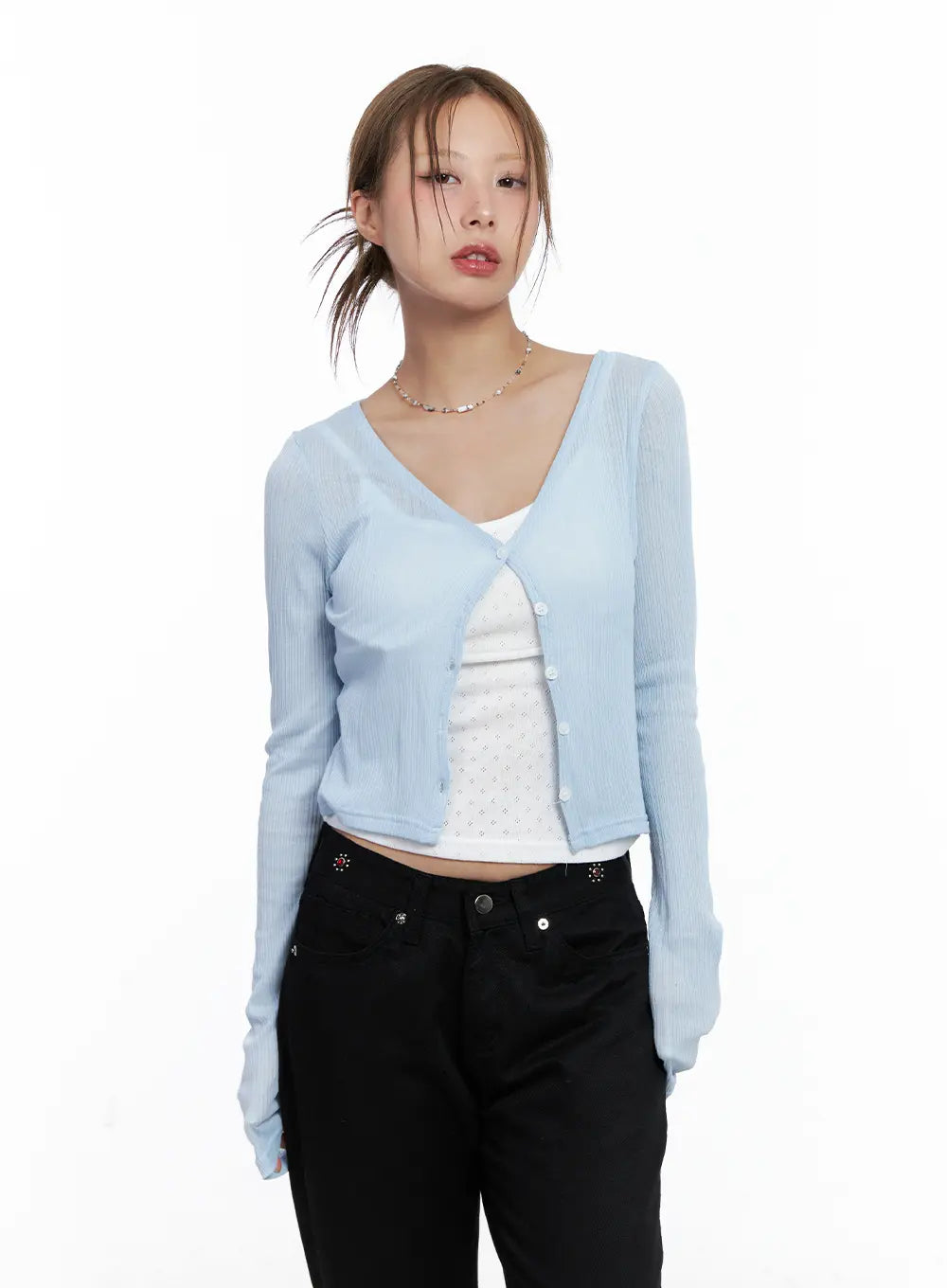 Light Blue Ribbed Cropped Cardigan CL511