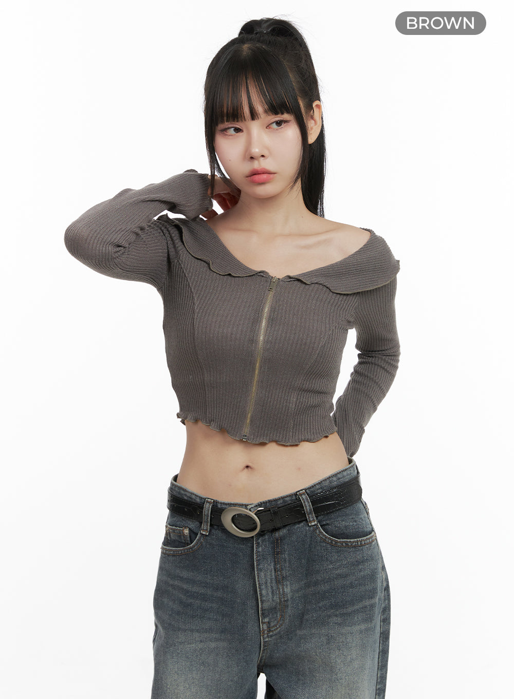 Zipper Off-Shoulder Ribbed Top OO401