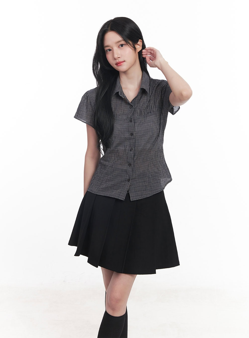 Checkered Puff Button Blouse Top CY526
