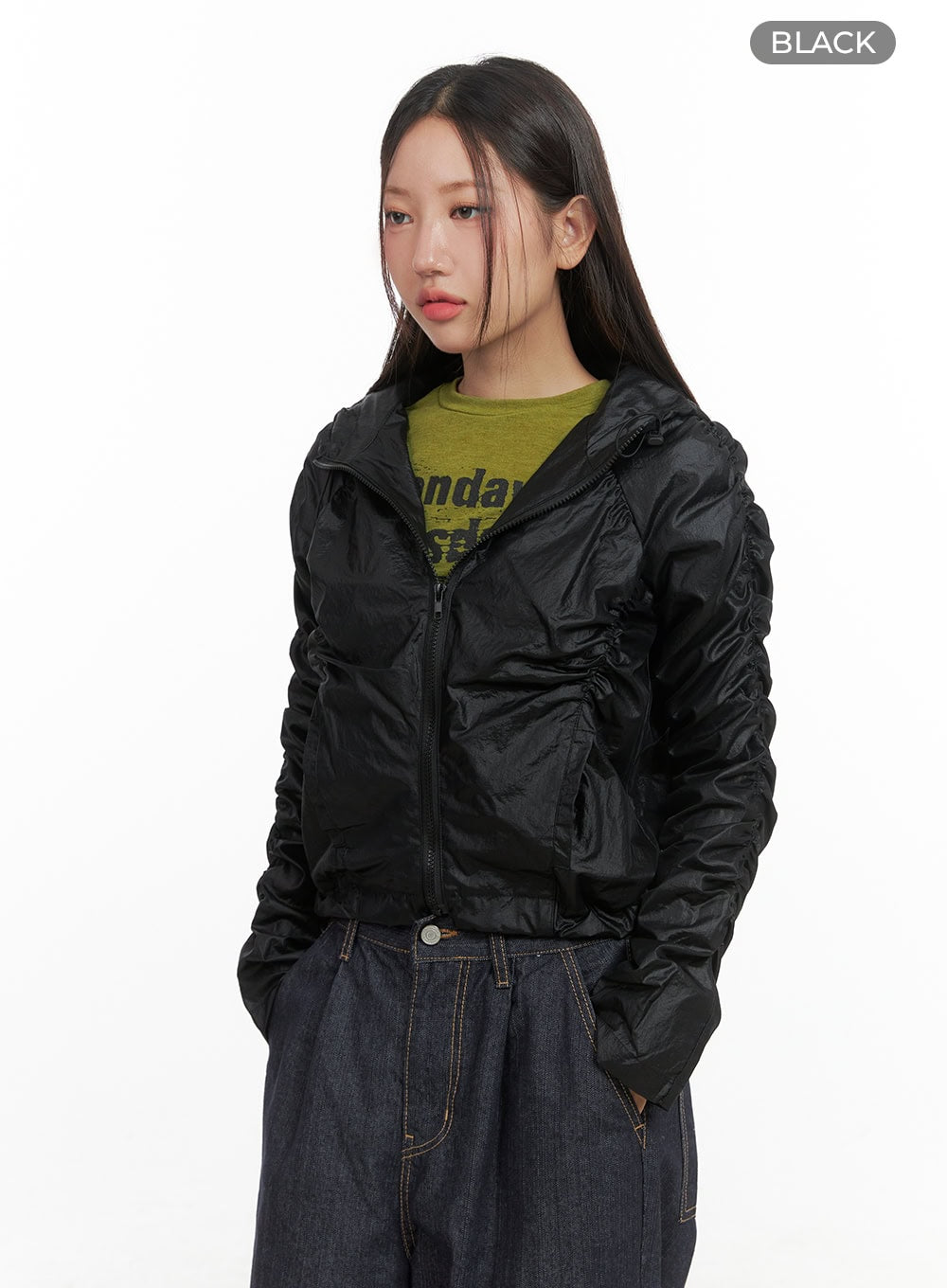 Shirred Hooded Nylon Crop Jacket CO402