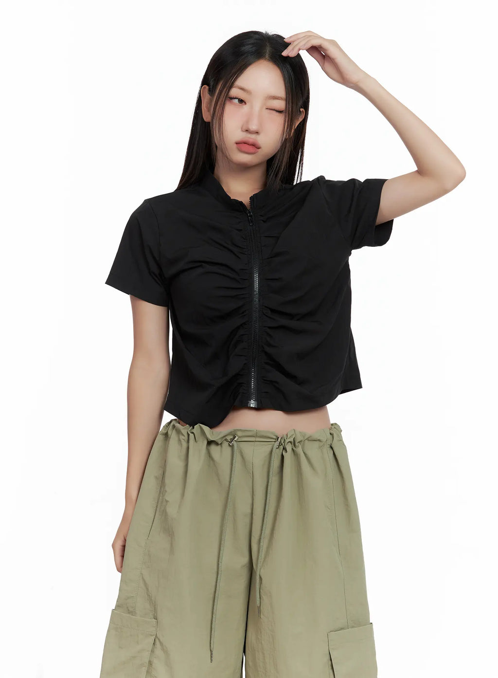 Shirred Zip Nylon Short-Sleeve Jacket CL509