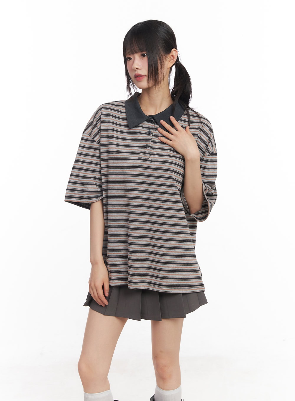 Oversized Striped Short Sleeve Polo Shirt CY514