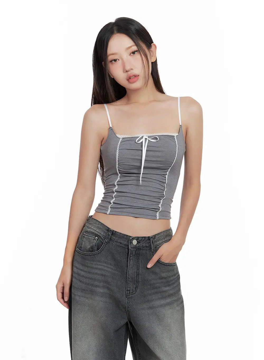 Lace-Trim Shirred Ribbon Camisole CL508