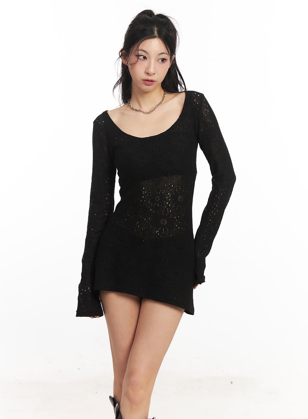 Flower Mesh U-Neck Sweater CA516