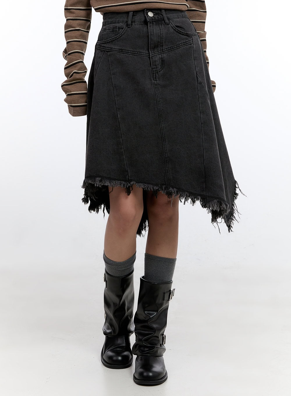 Unbalanced Washed Denim Midi Skirt CN401