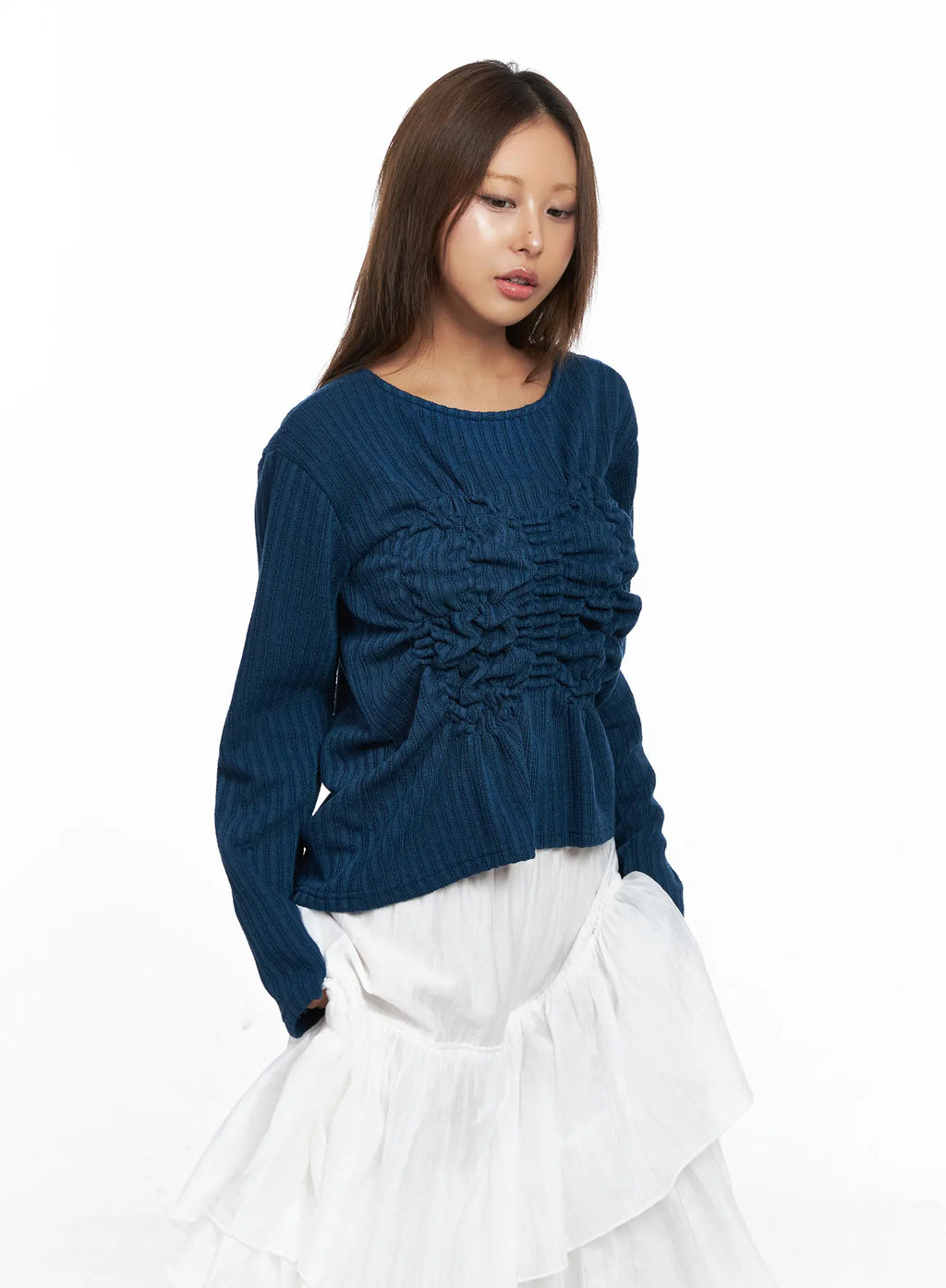 Ruffled Ribbed Long Sleeve Top CO510