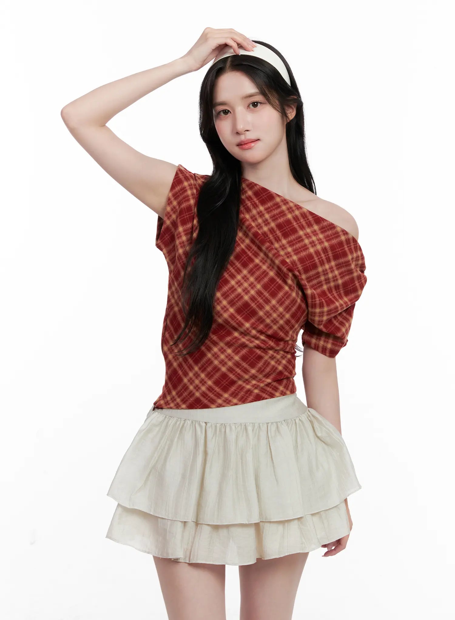 Plaid Asymmetric Ruched Off-Shoulder Top CL516