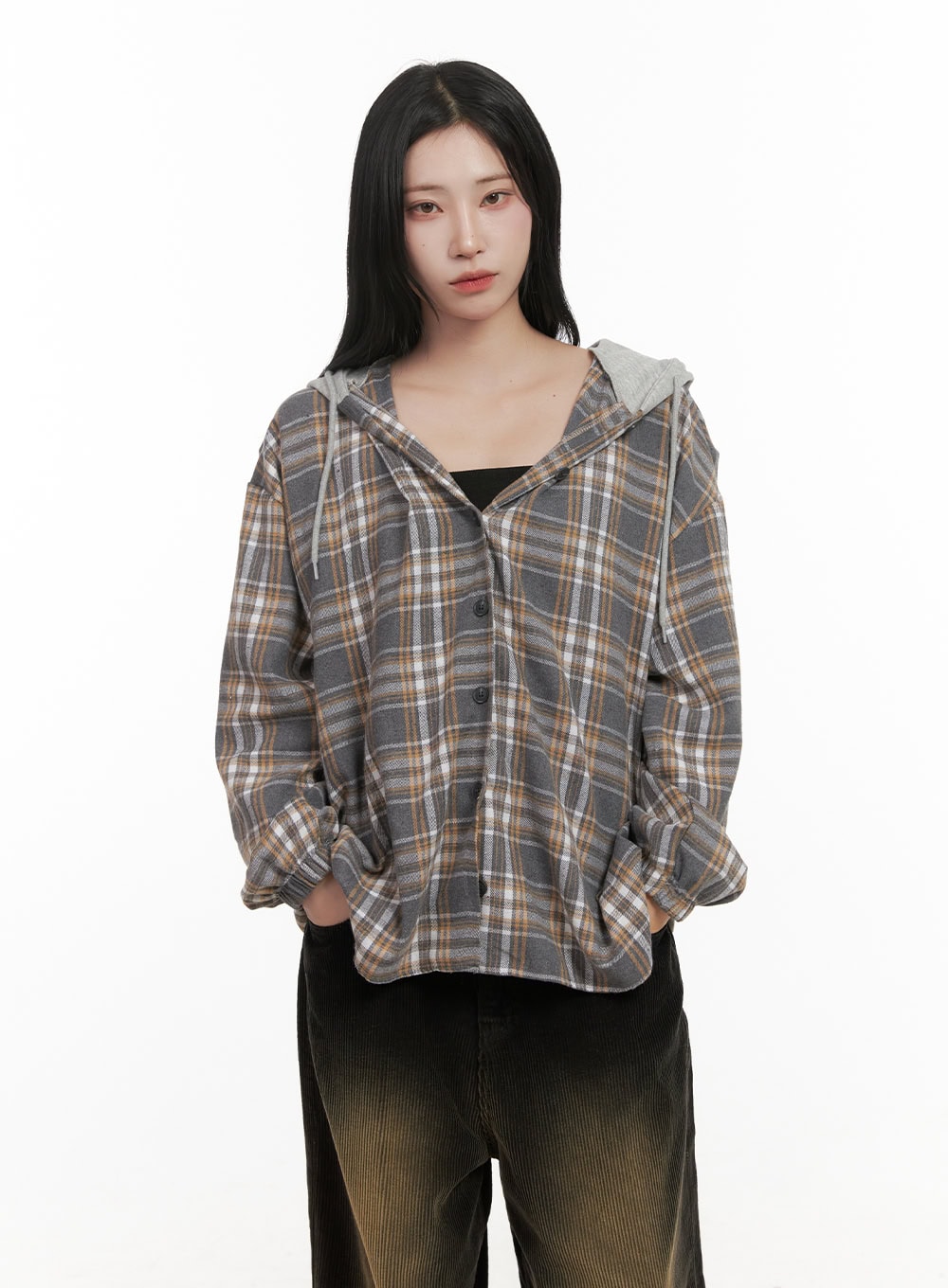 Buttoned Check Hooded Blouse CD410