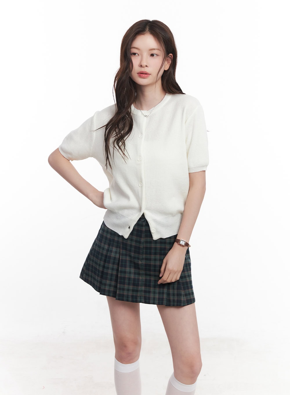 Knit Buttoned Short-Sleeve Cardigan CY515