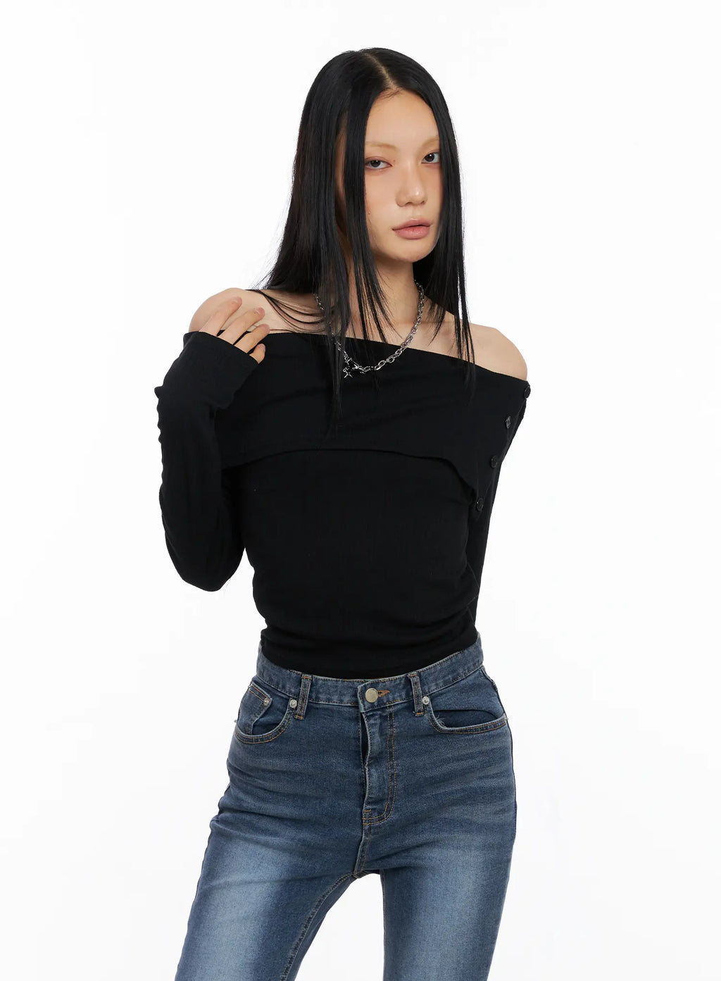 Side-Button Off-Shoulder Long Sleeve CS509