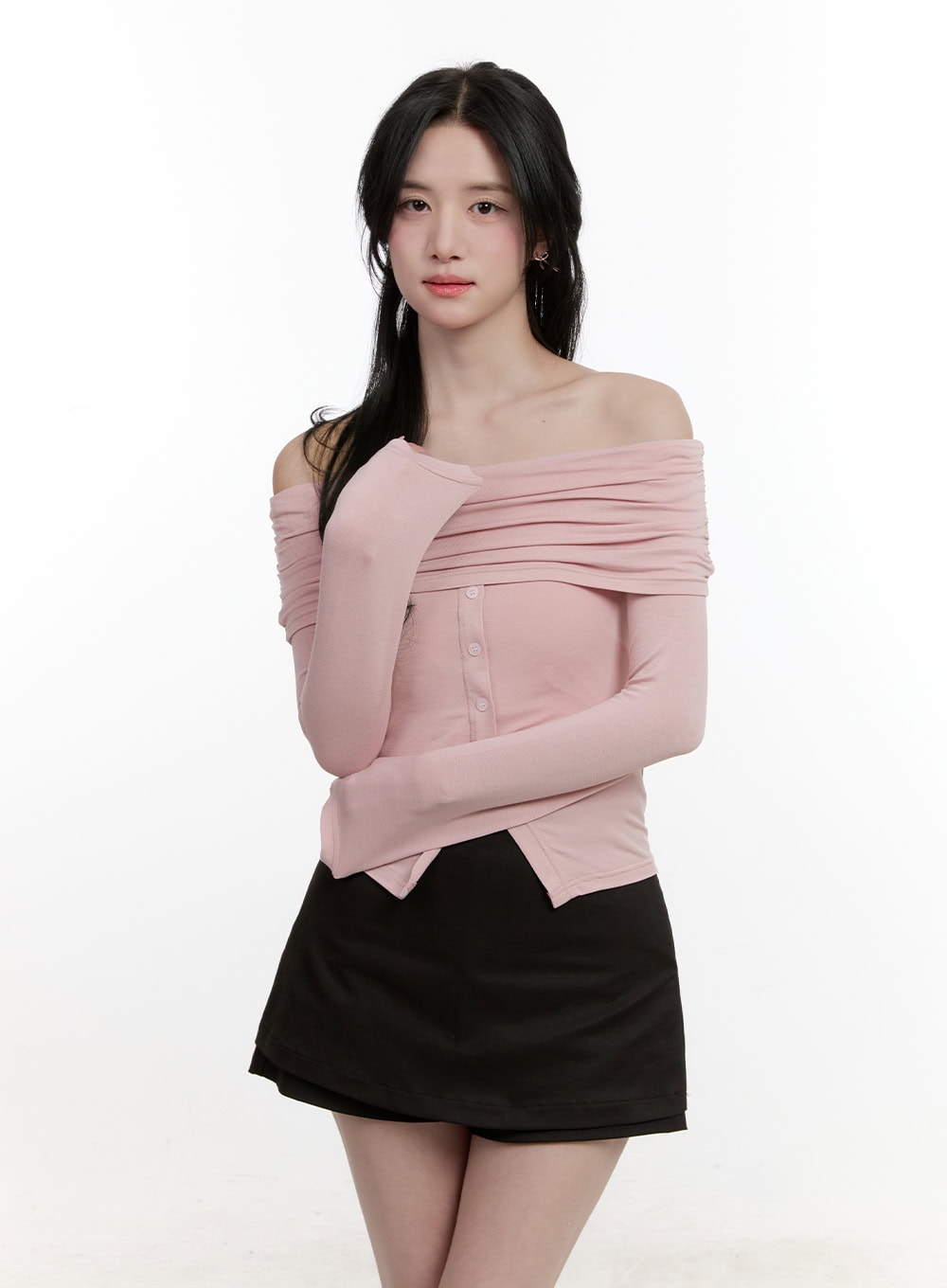 Shirred Off-Shoulder Buttoned Top CF528