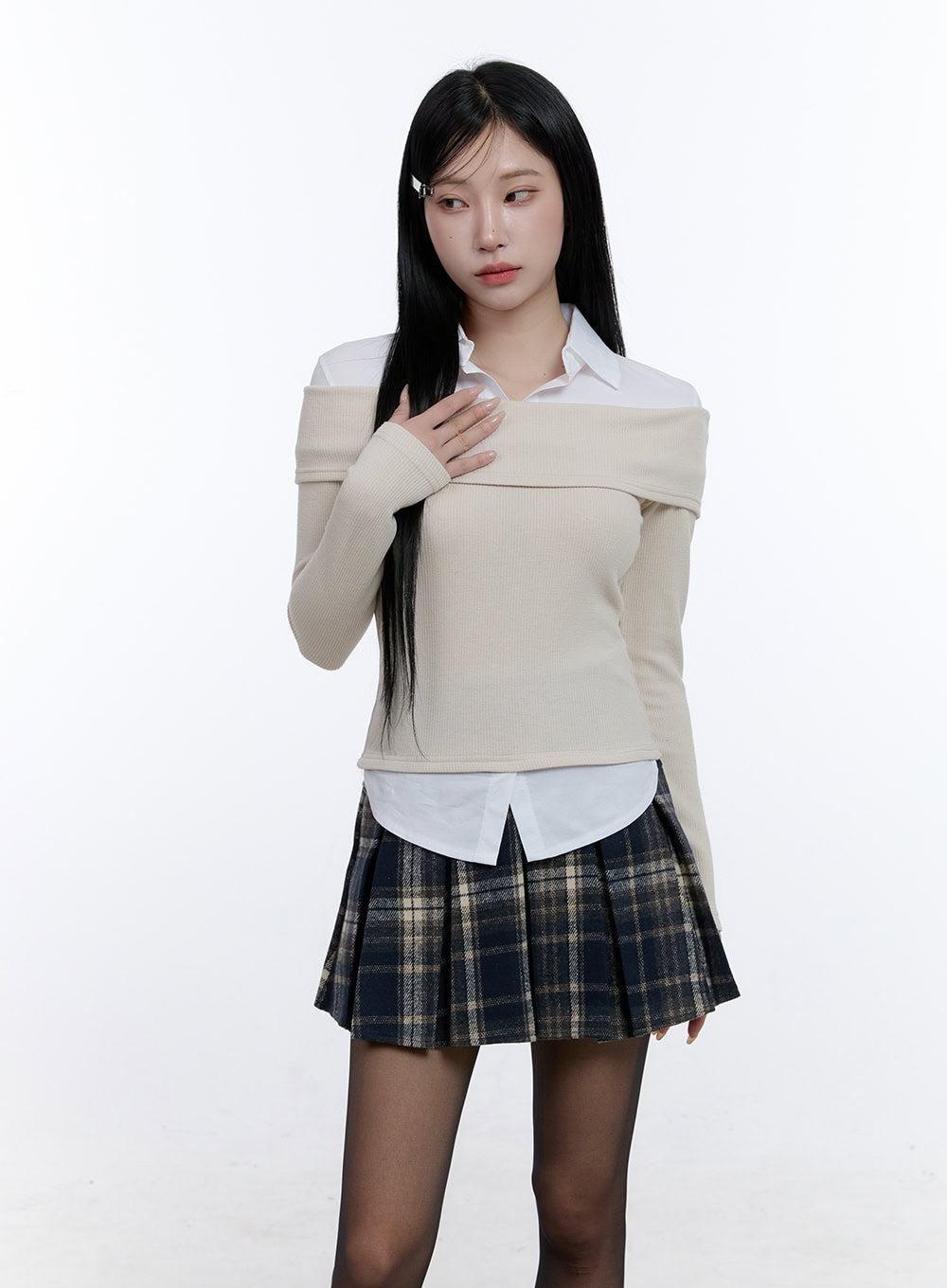 Ribbed Off-Shoulder Long Sleeve Top CD419