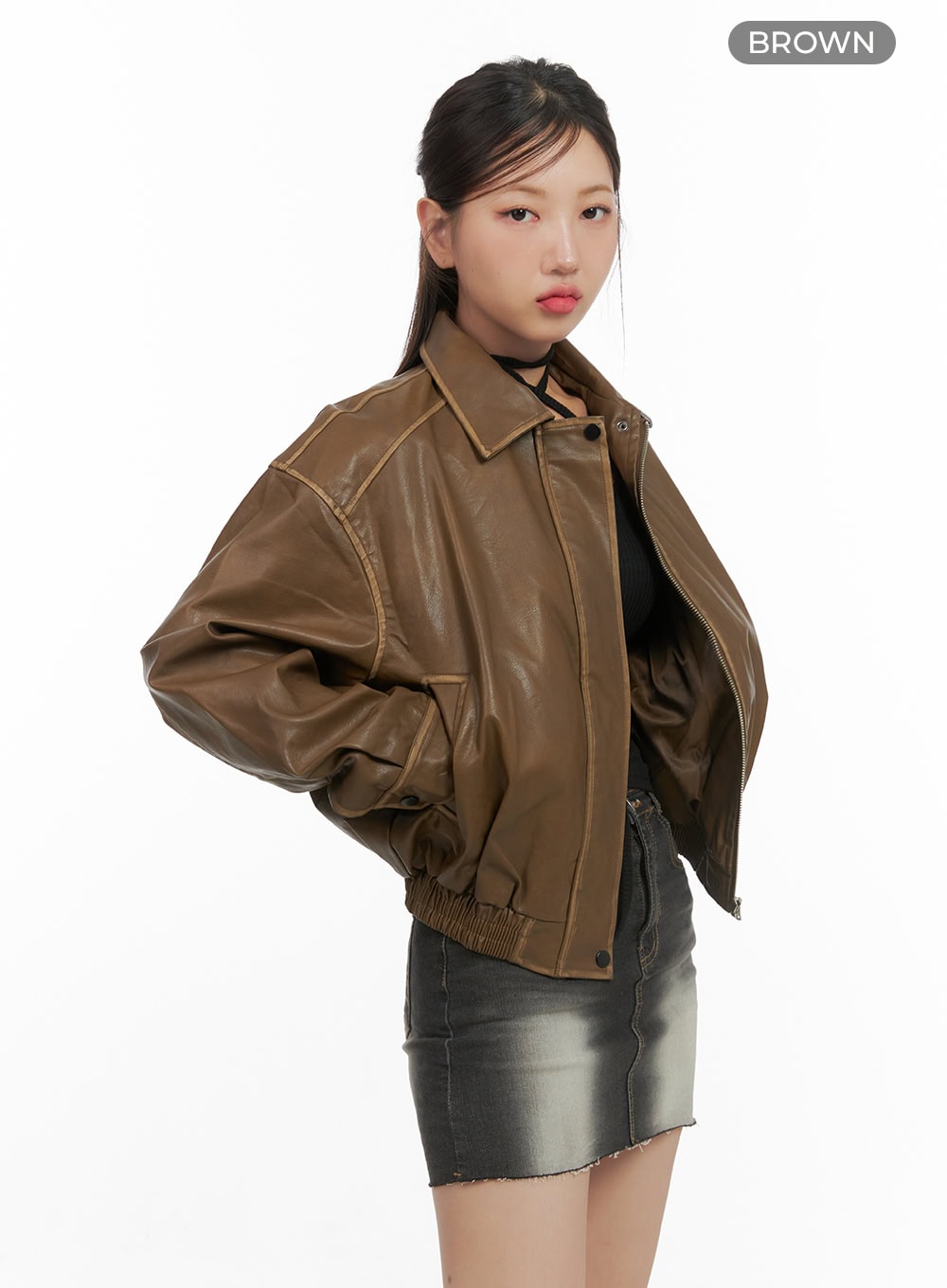 Zip-Up Faux Leather Crop Jacket CS405