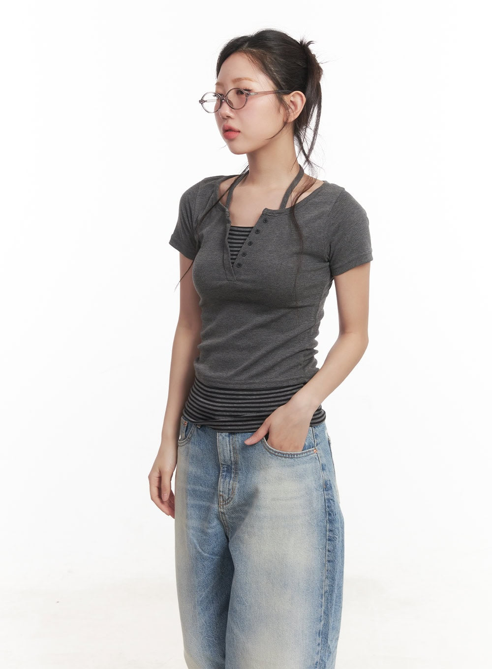 Layered Stripe Halter-Neck Buttoned Crop Top CA530