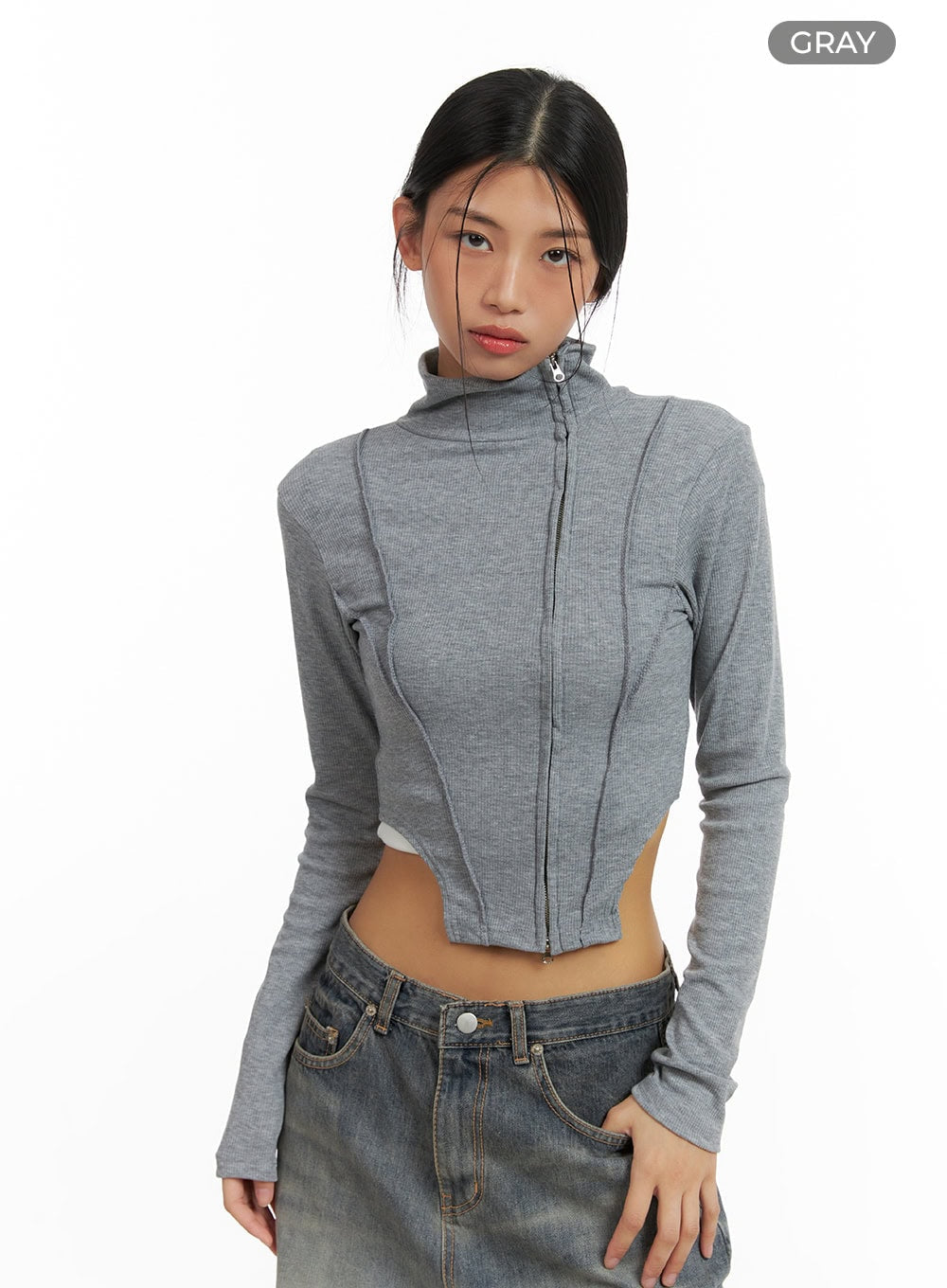 Zip-Up Long Sleeve Crop Top CA424