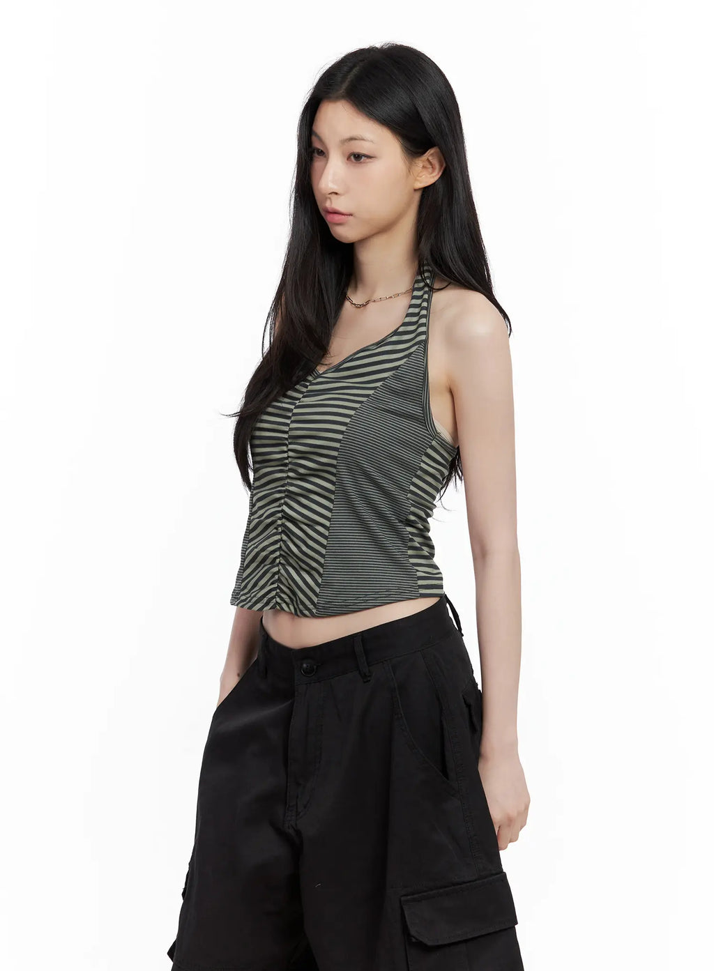 Ruched Striped Halter Top CU530