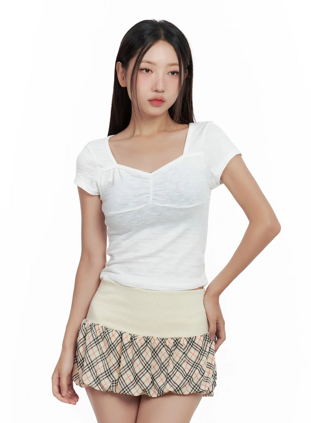 Shirred Sweetheart-Neck Crop Tee CL509