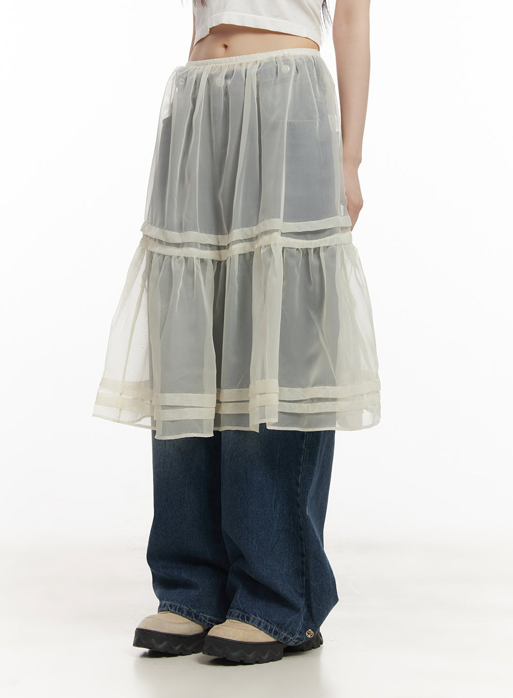 Sheer Tiered Ruffle Midi Skirt CF518